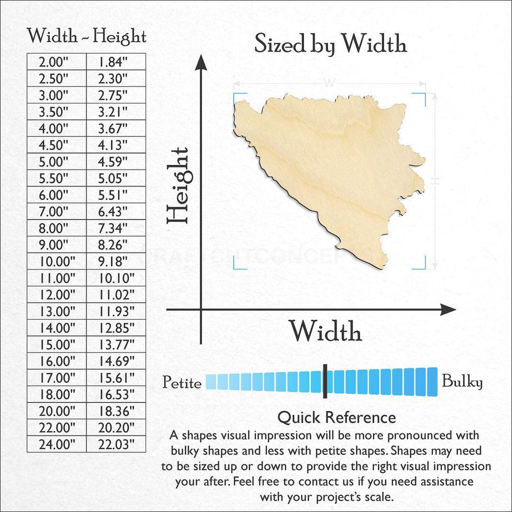 Sizes available for a laser cut Bosnia craft blank