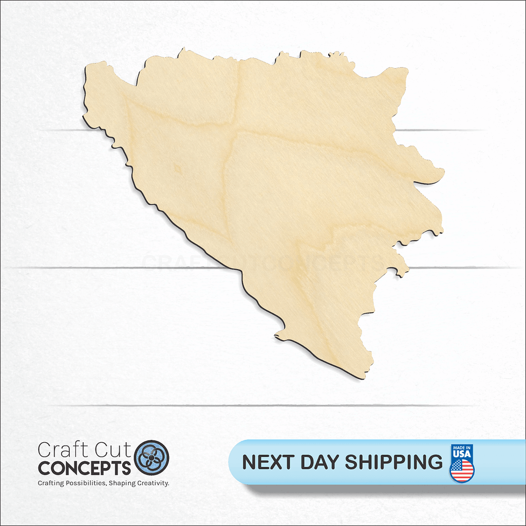 Craft Cut Concepts logo and next day shipping banner with an unfinished wood Bosnia craft shape and blank