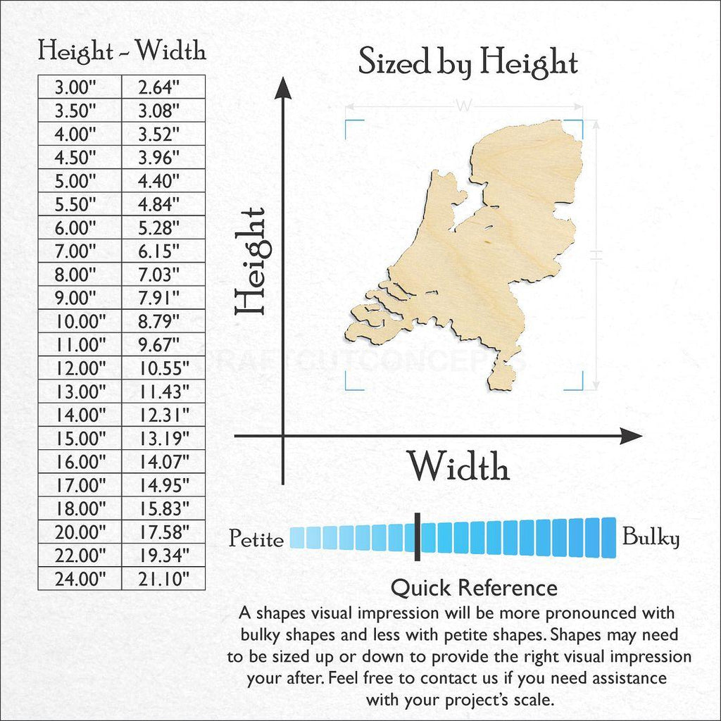 Sizes available for a laser cut Netherlands craft blank