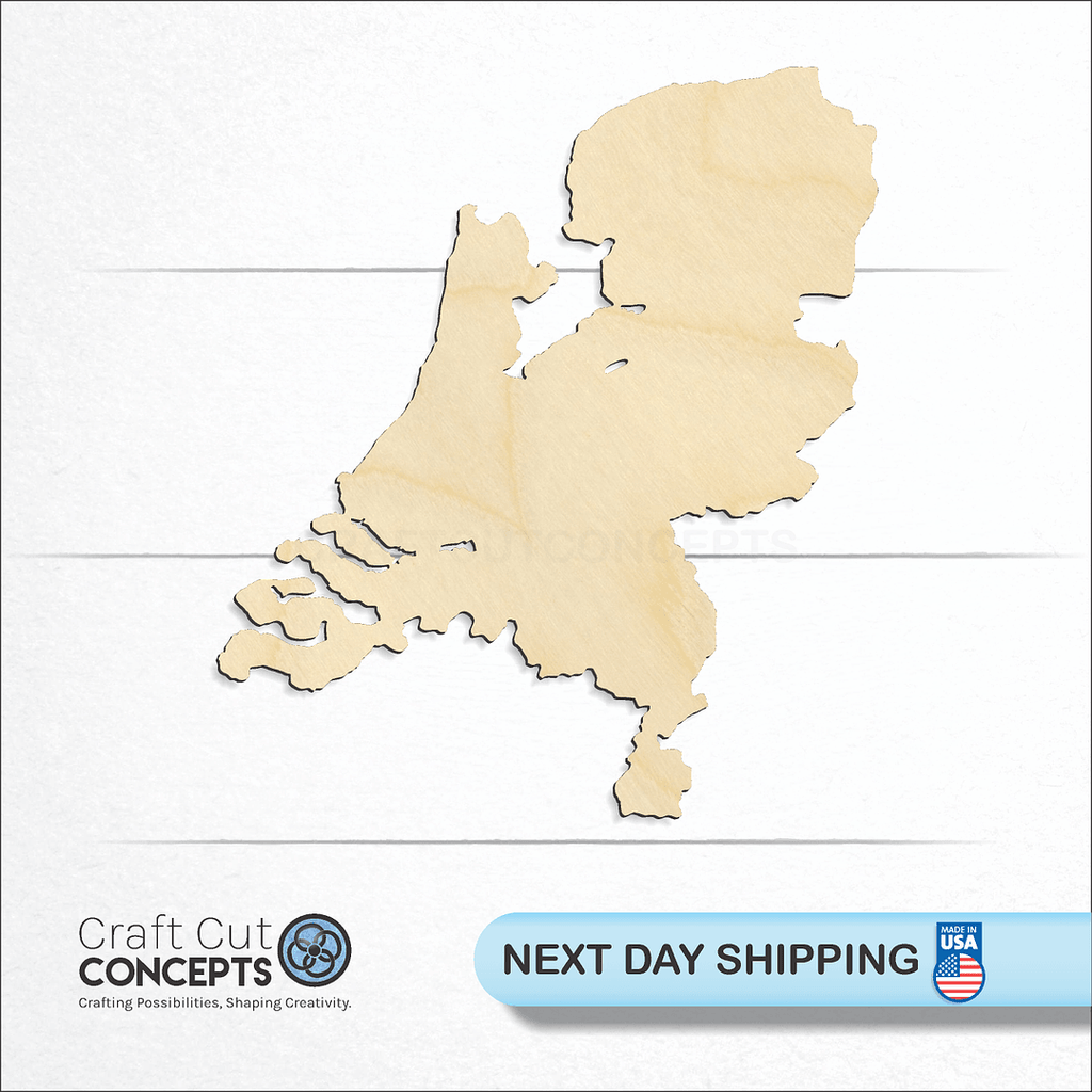 Craft Cut Concepts logo and next day shipping banner with an unfinished wood Netherlands craft shape and blank