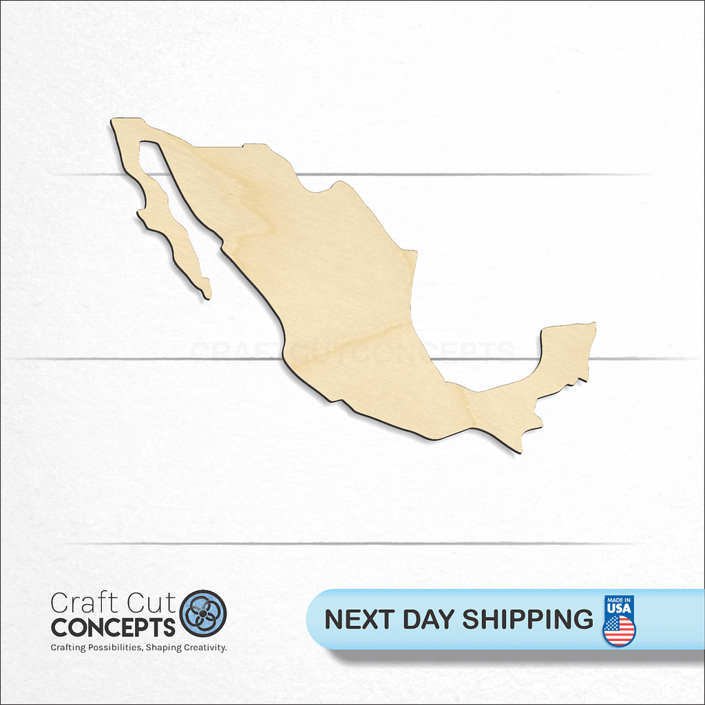 Craft Cut Concepts logo and next day shipping banner with an unfinished wood Country-Mexico craft shape and blank