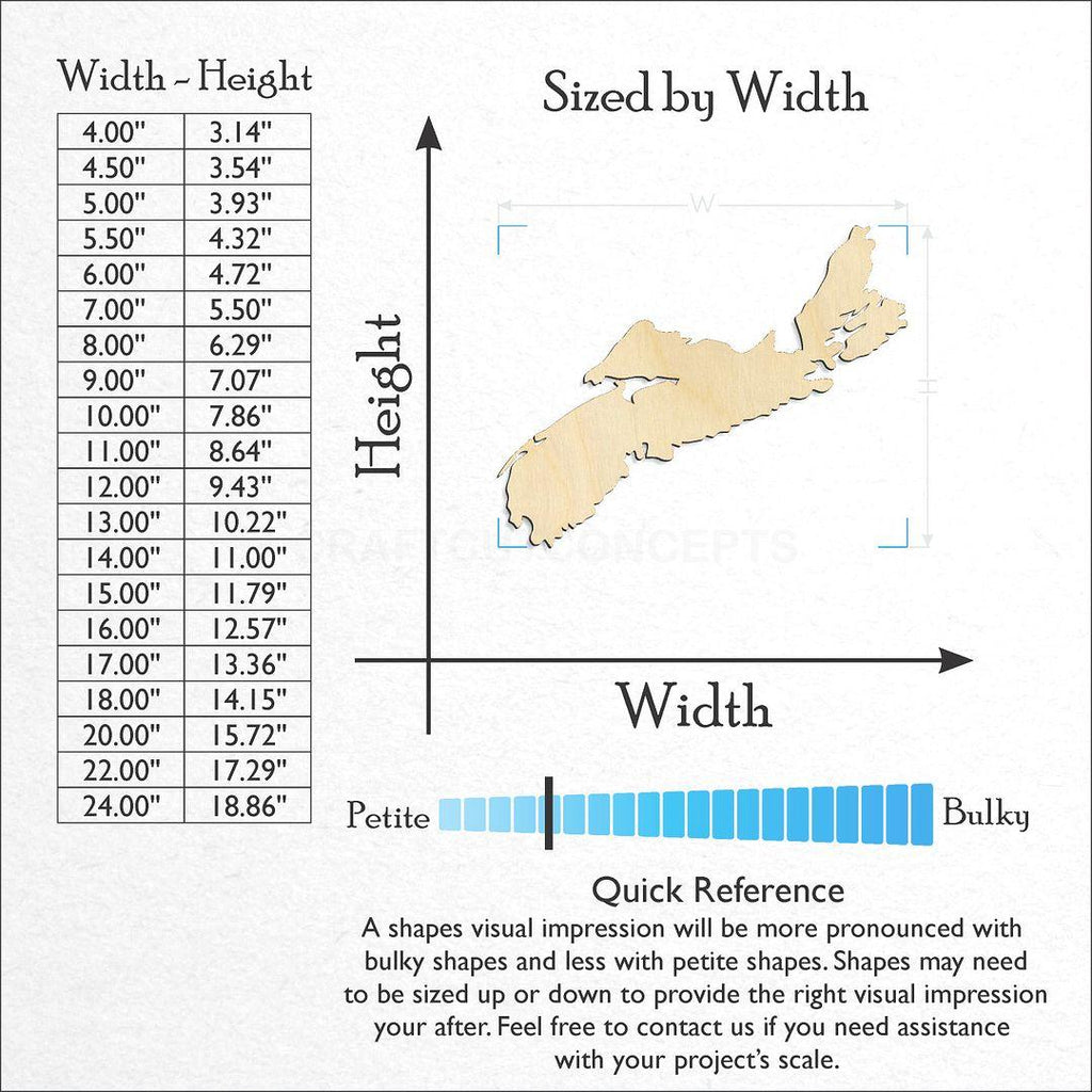 Sizes available for a laser cut Canada-Nova Scotia craft blank