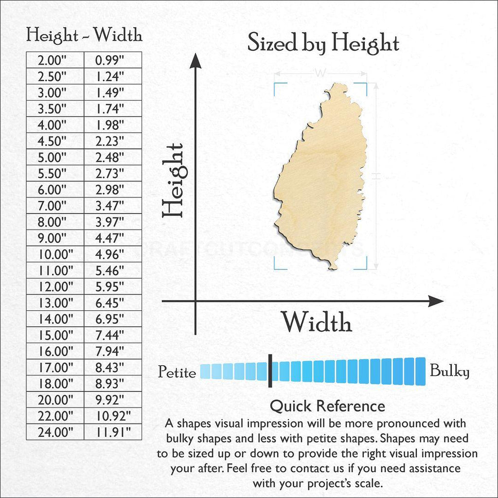 Sizes available for a laser cut Saint Lucia craft blank