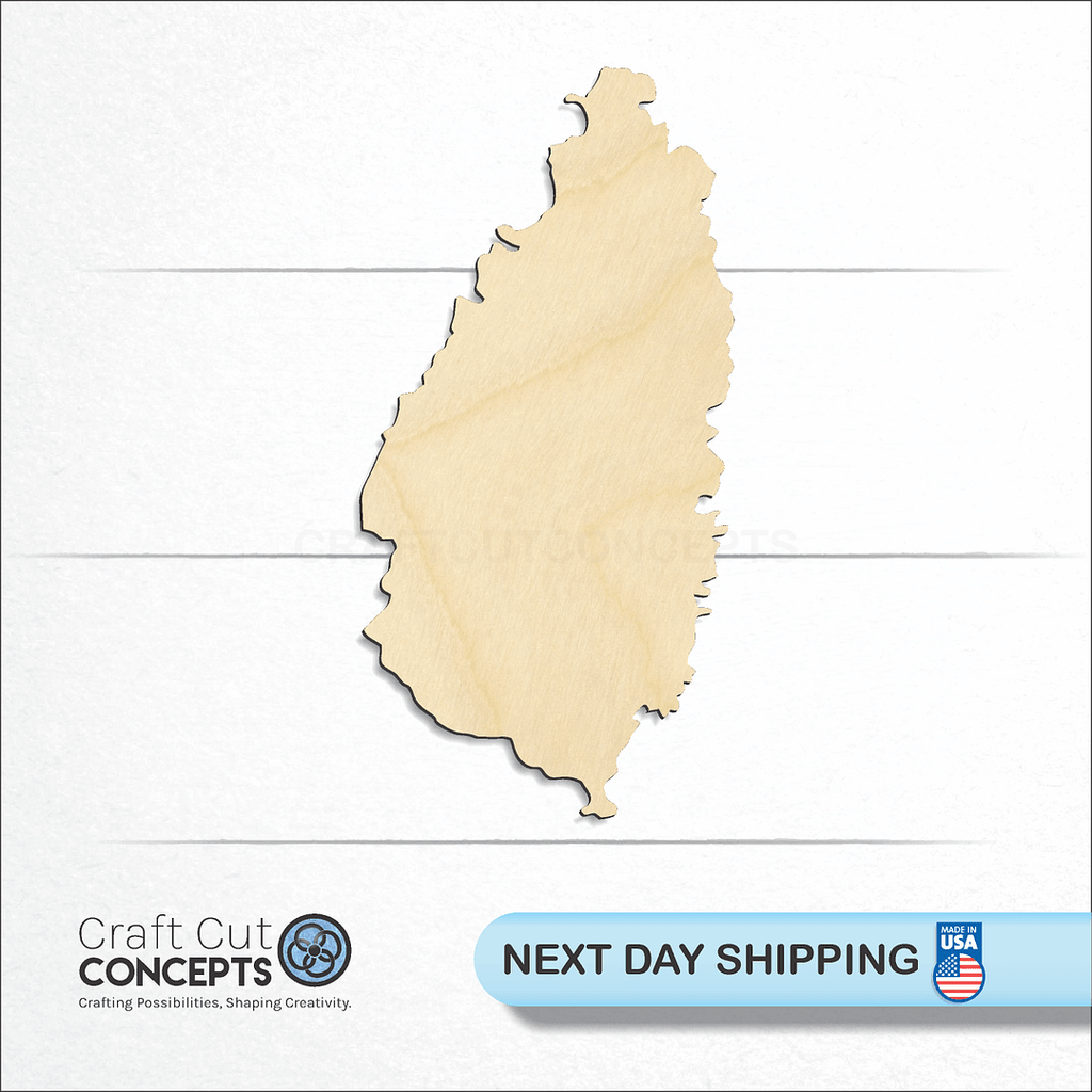 Craft Cut Concepts logo and next day shipping banner with an unfinished wood Saint Lucia craft shape and blank