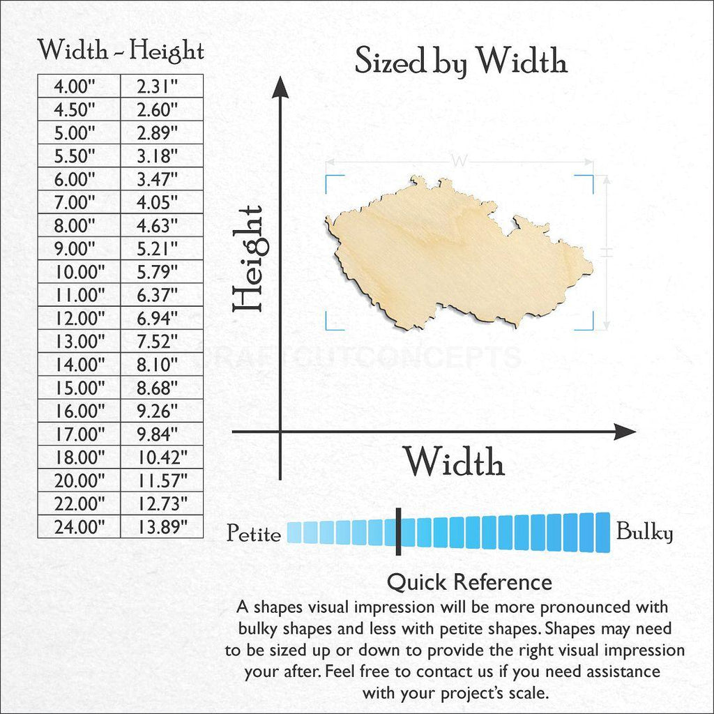 Sizes available for a laser cut Czech Republic craft blank