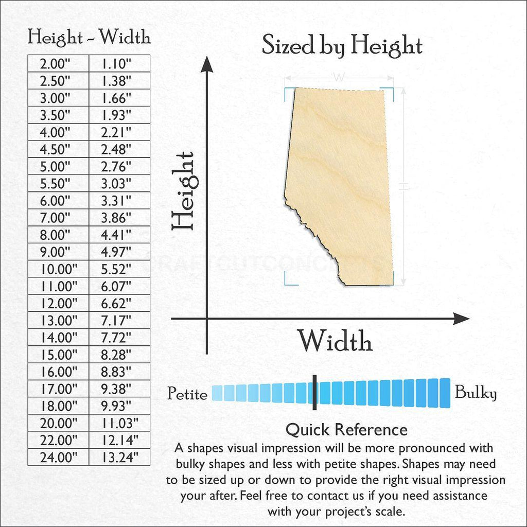 Sizes available for a laser cut Alberta Canada craft blank