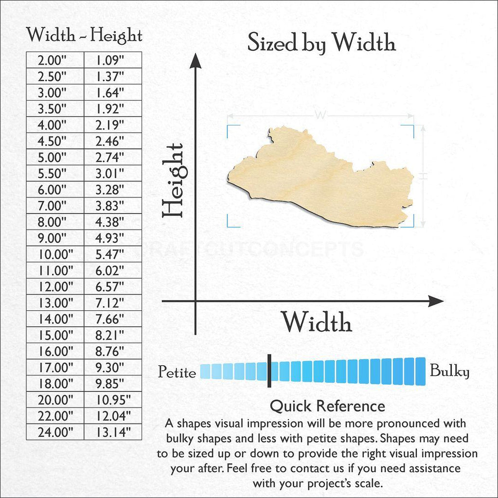 Sizes available for a laser cut El Salvador craft blank