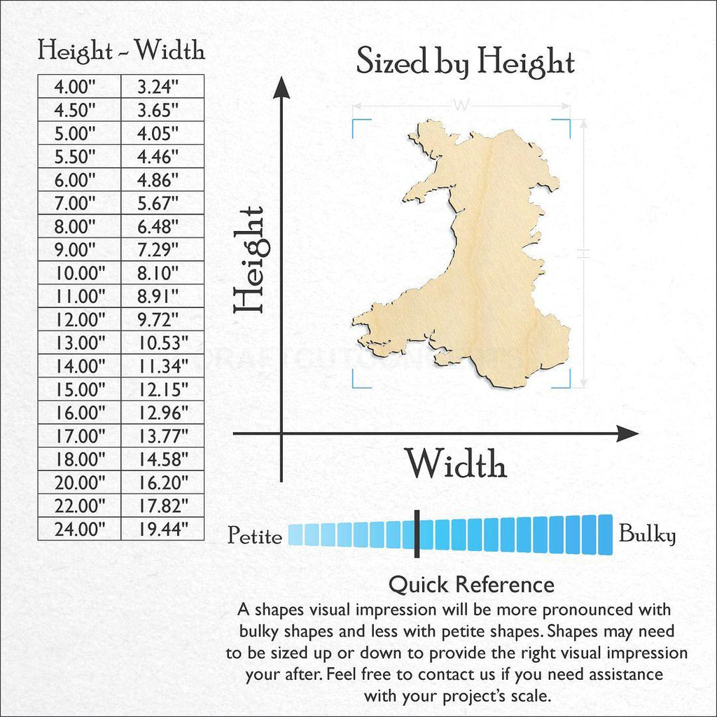 Sizes available for a laser cut Wales UK craft blank