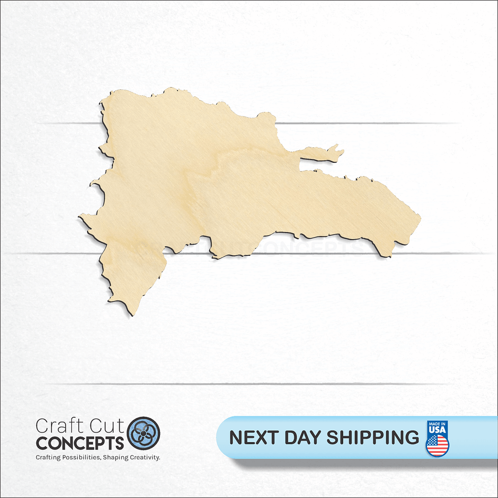 Craft Cut Concepts logo and next day shipping banner with an unfinished wood Dominican Republic craft shape and blank