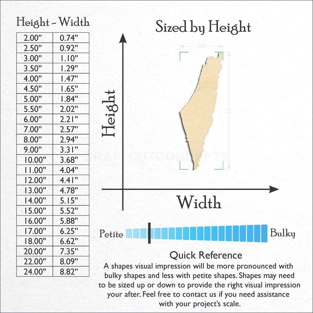 Sizes available for a laser cut Israel craft blank