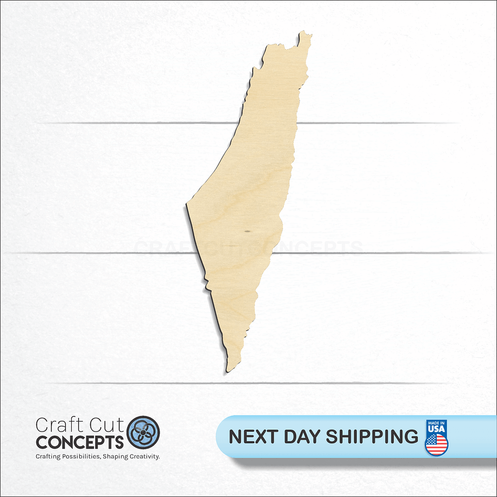 Craft Cut Concepts logo and next day shipping banner with an unfinished wood Israel craft shape and blank