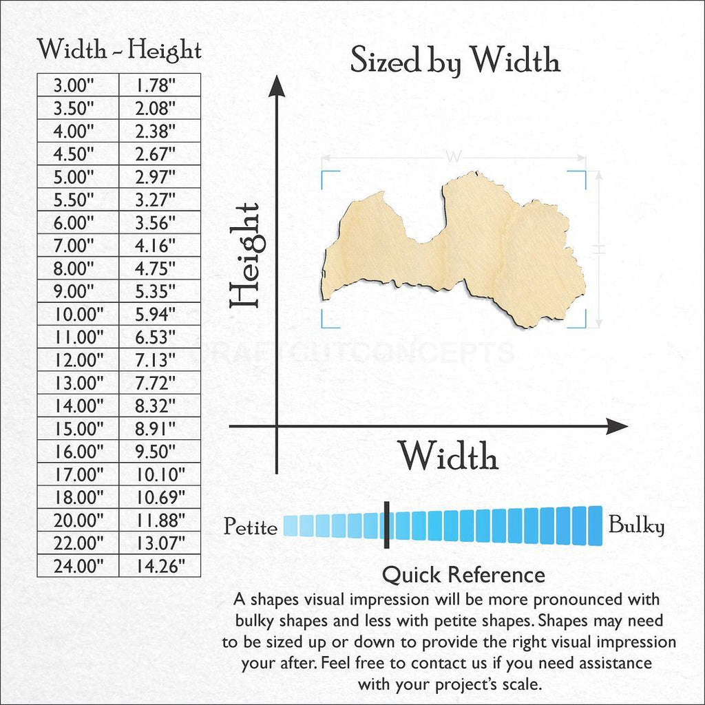 Sizes available for a laser cut Latvia craft blank