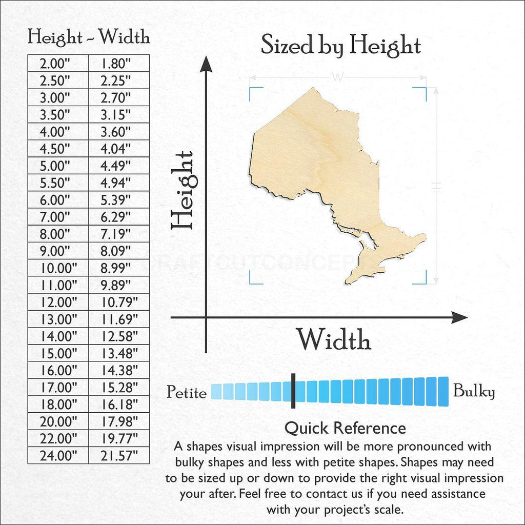 Sizes available for a laser cut Ontario craft blank