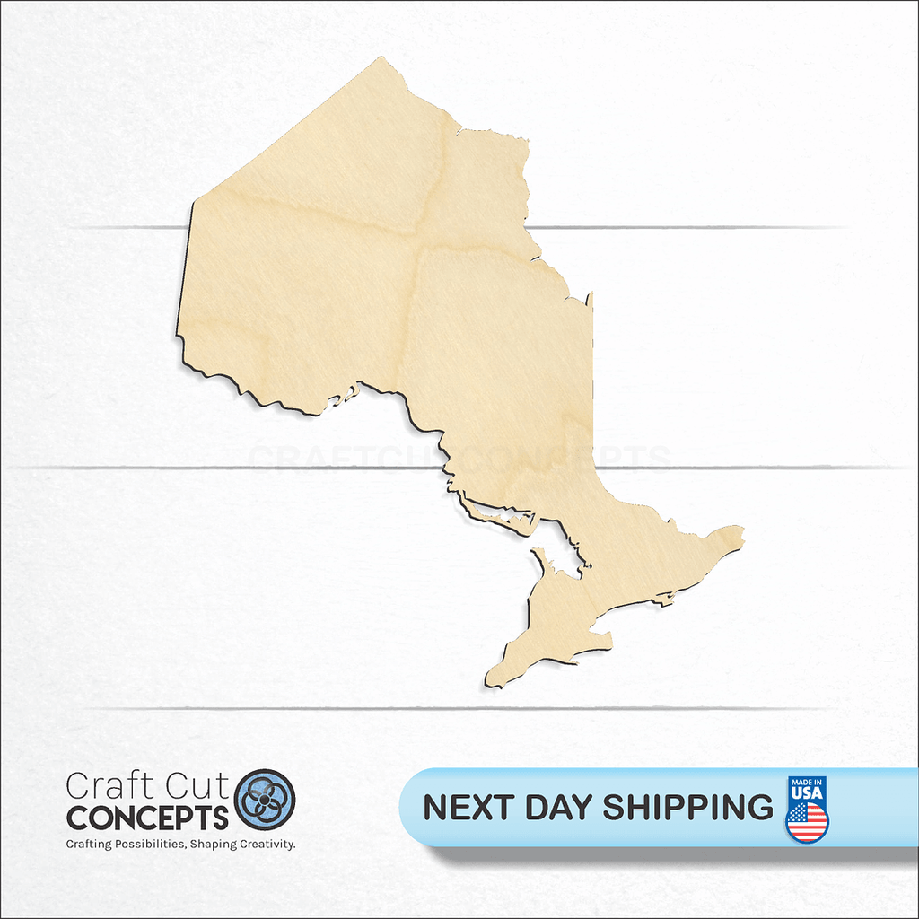 Craft Cut Concepts logo and next day shipping banner with an unfinished wood Ontario craft shape and blank