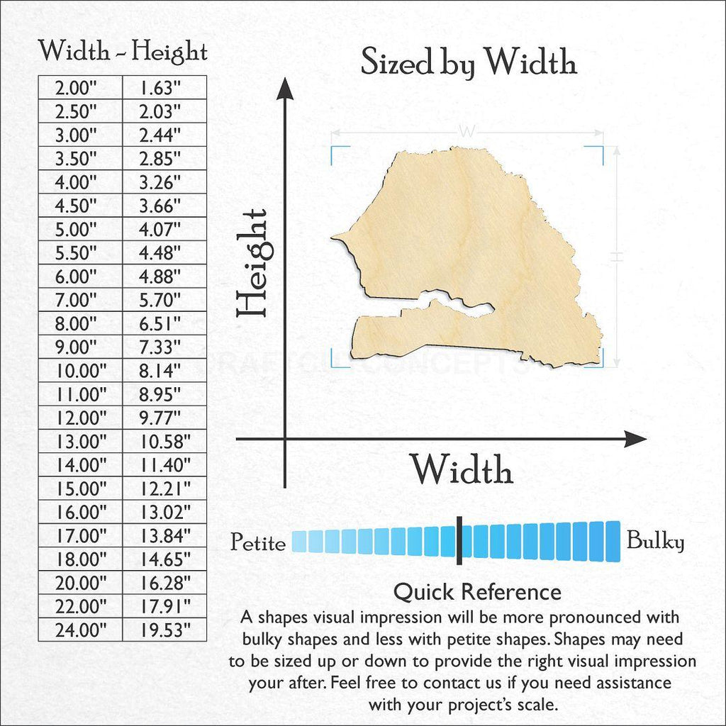Sizes available for a laser cut Senegal craft blank
