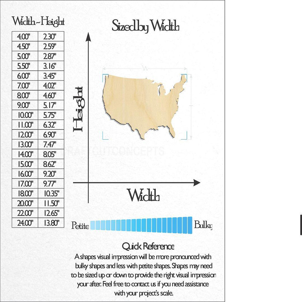 Sizes available for a laser cut Country - United States craft blank