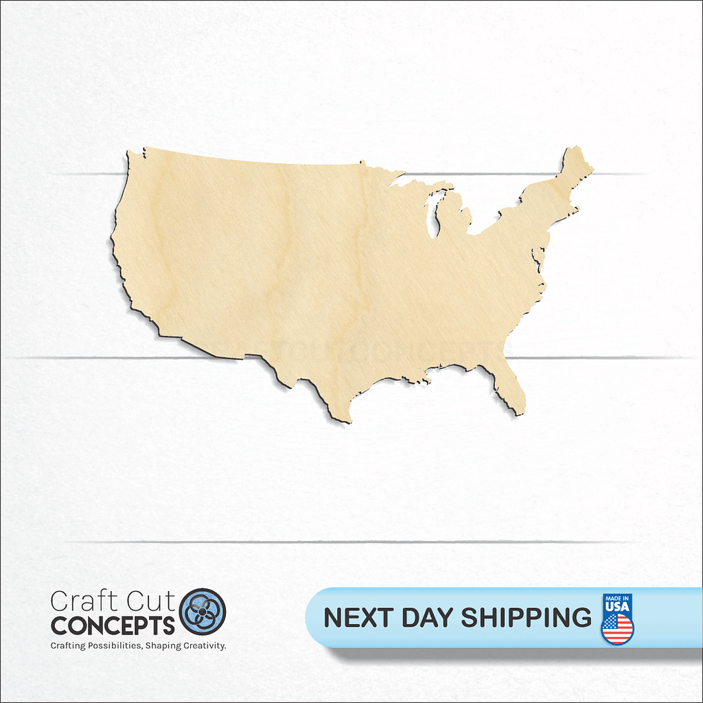 Craft Cut Concepts logo and next day shipping banner with an unfinished wood Country - United States craft shape and blank