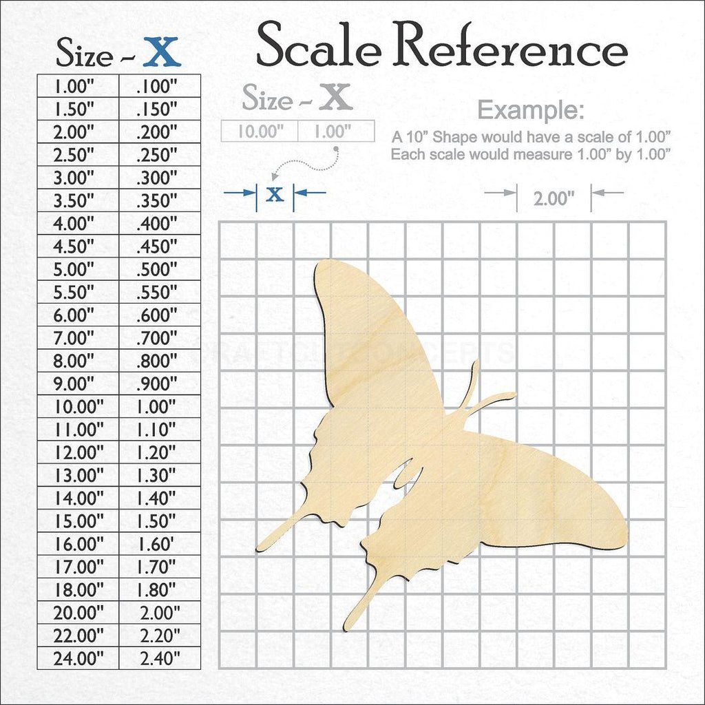 A scale and graph image showing a wood Butterfly -2 craft blank