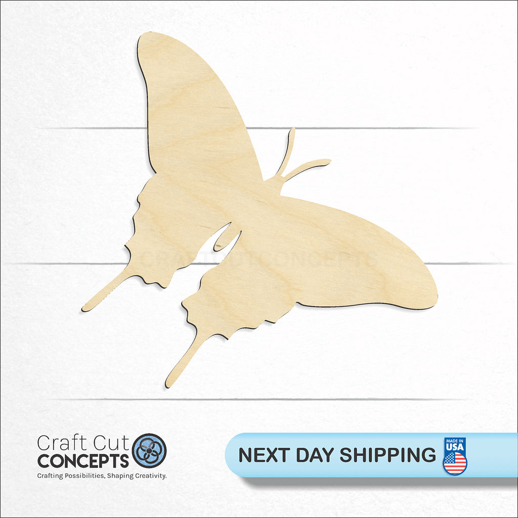 Craft Cut Concepts logo and next day shipping banner with an unfinished wood Butterfly -2 craft shape and blank