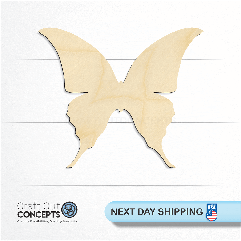 Craft Cut Concepts logo and next day shipping banner with an unfinished wood Butterfly -3 craft shape and blank