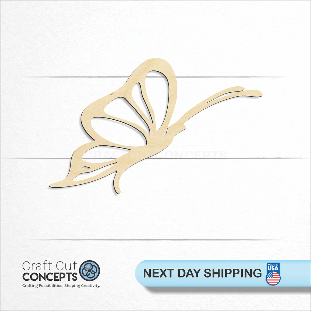 Craft Cut Concepts logo and next day shipping banner with an unfinished wood Butterfly -5 craft shape and blank