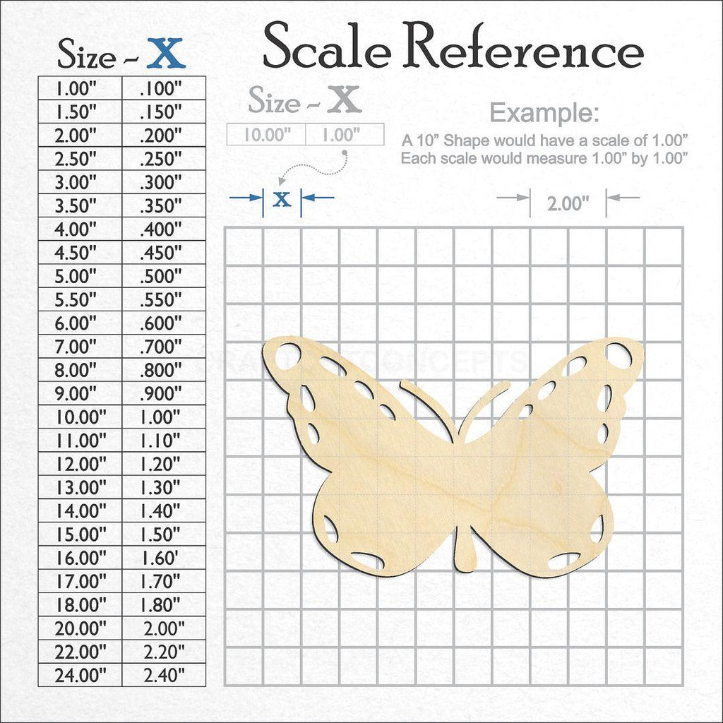 A scale and graph image showing a wood Butterfly -6 craft blank