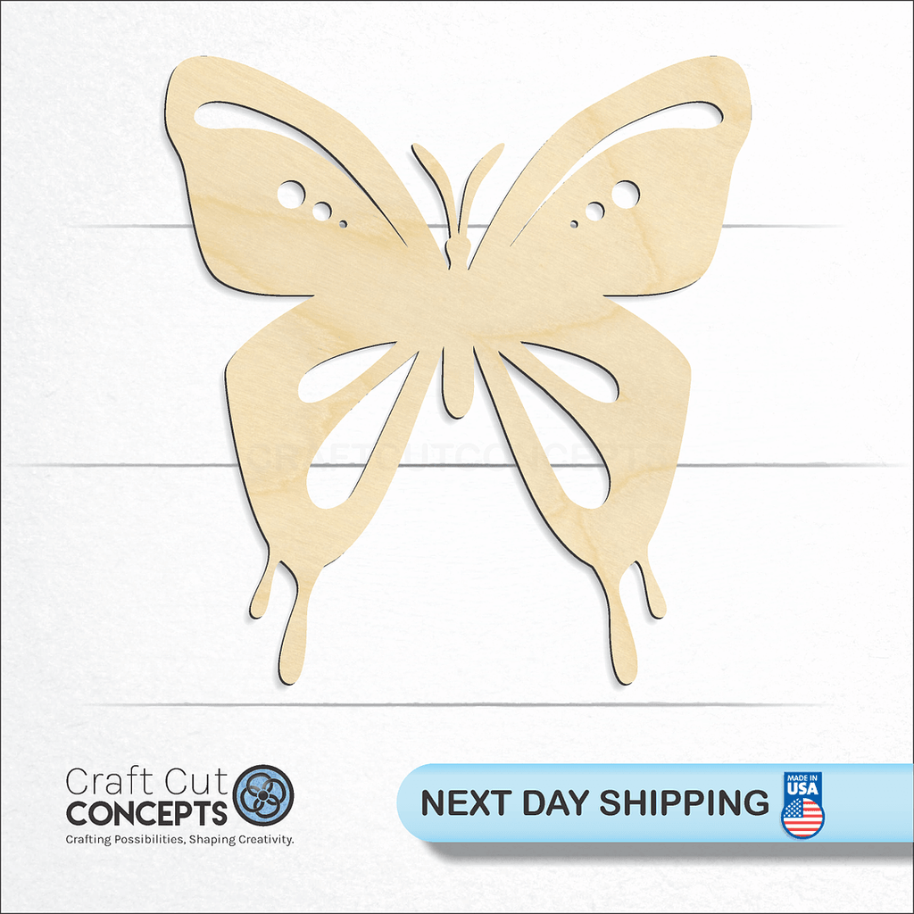 Craft Cut Concepts logo and next day shipping banner with an unfinished wood Butterfly -7 craft shape and blank