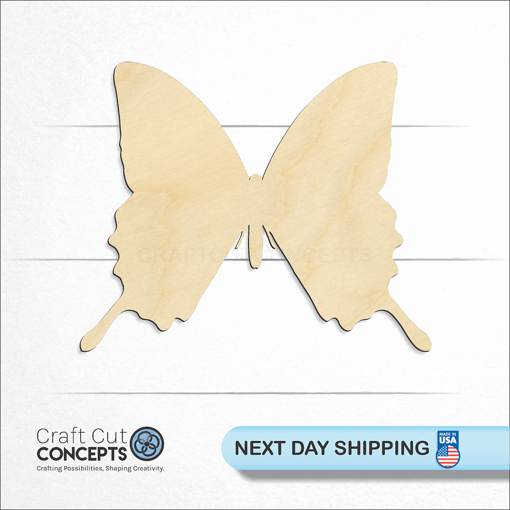 Craft Cut Concepts logo and next day shipping banner with an unfinished wood Butterfly -8 craft shape and blank