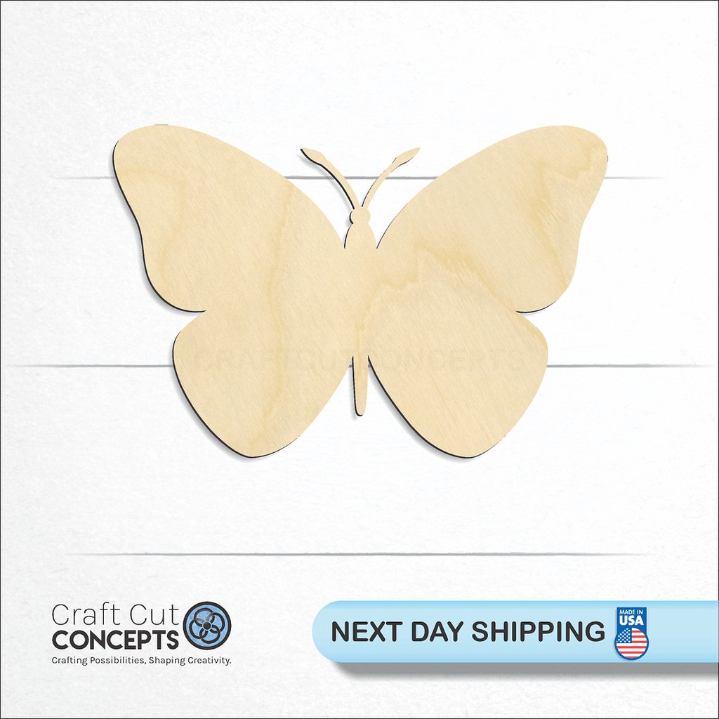 Craft Cut Concepts logo and next day shipping banner with an unfinished wood Butterfly -9 craft shape and blank