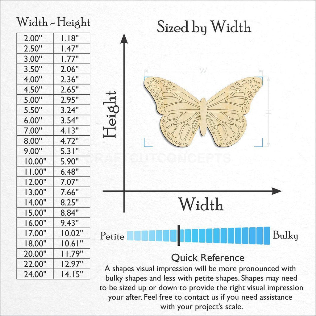 Sizes available for a laser cut Monarch Butterfly craft blank