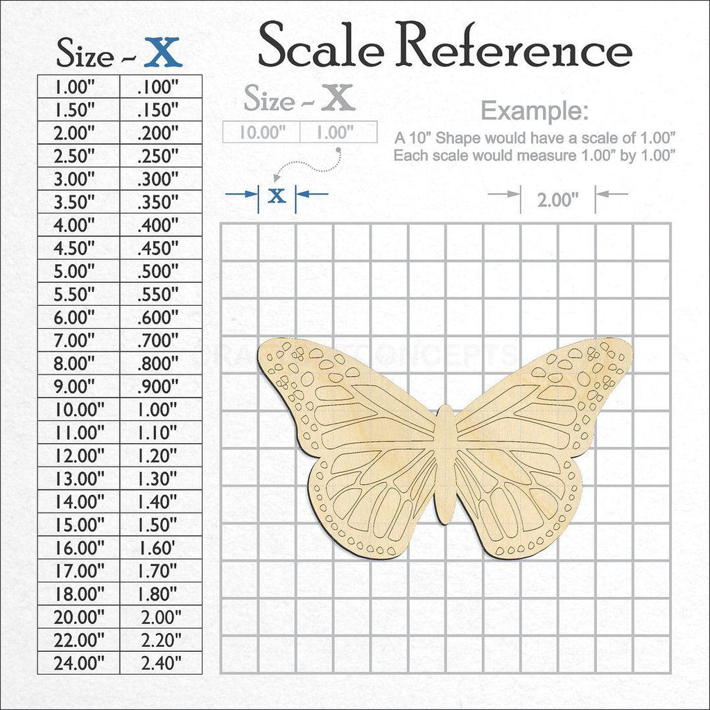 A scale and graph image showing a wood Monarch Butterfly craft blank