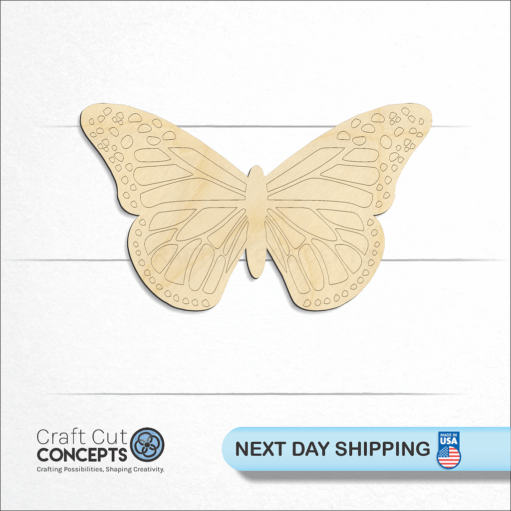 Craft Cut Concepts logo and next day shipping banner with an unfinished wood Monarch Butterfly craft shape and blank