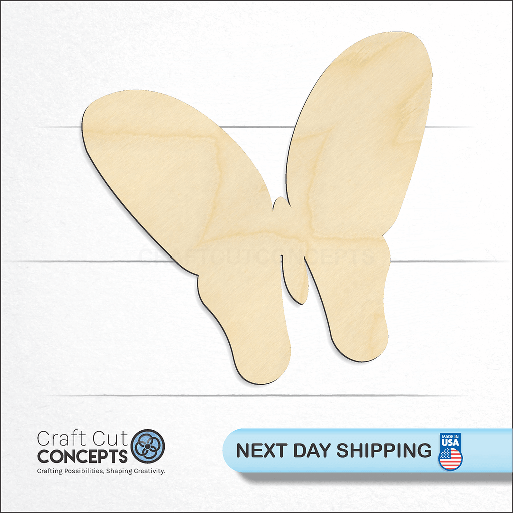 Craft Cut Concepts logo and next day shipping banner with an unfinished wood Butterfly craft shape and blank