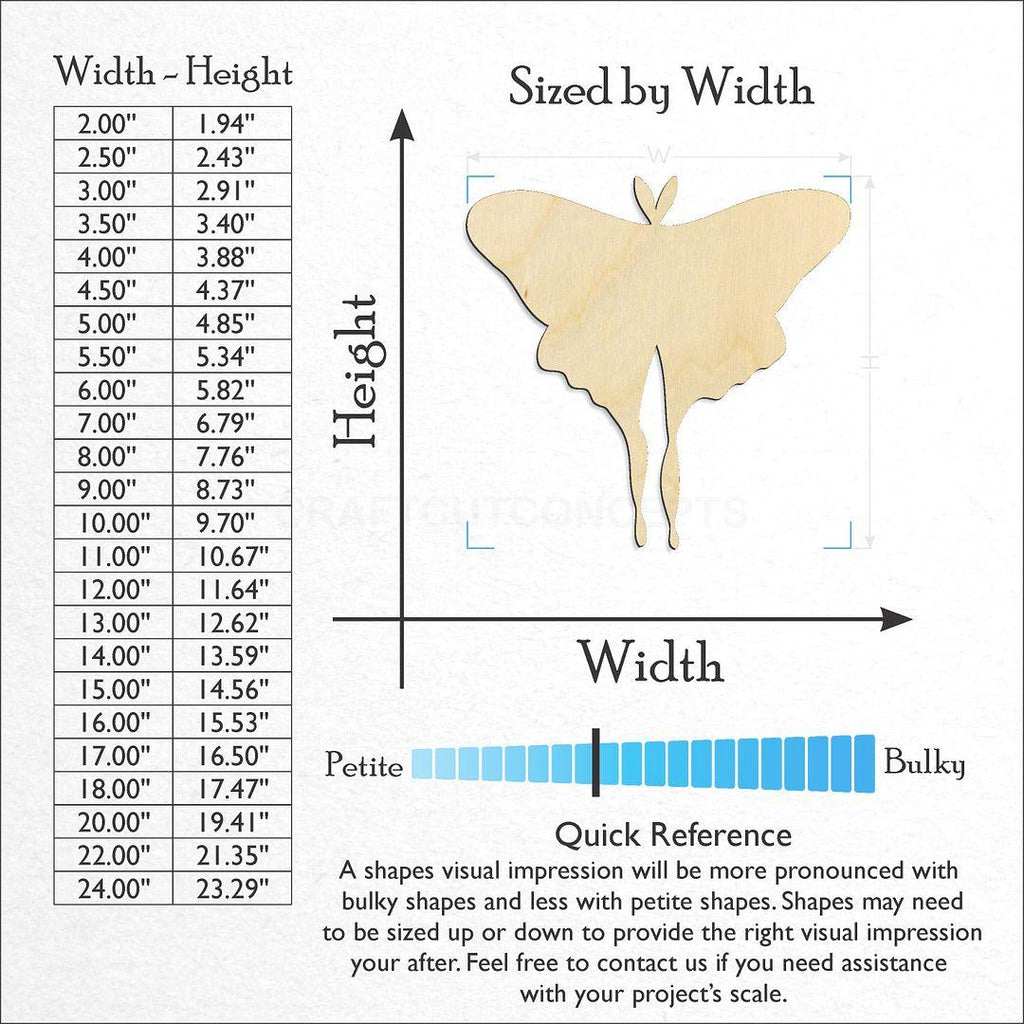 Sizes available for a laser cut Moth craft blank