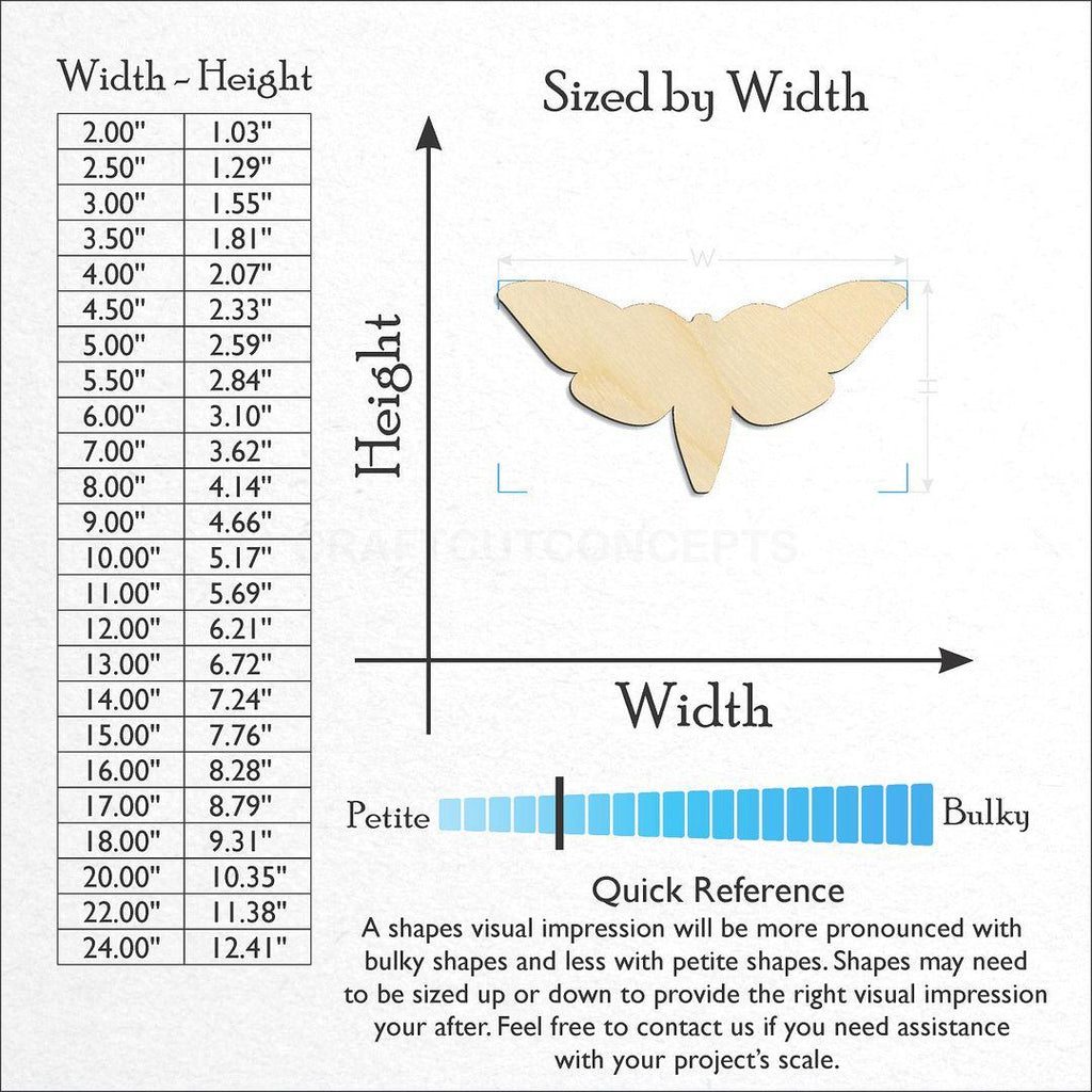 Sizes available for a laser cut Moth craft blank