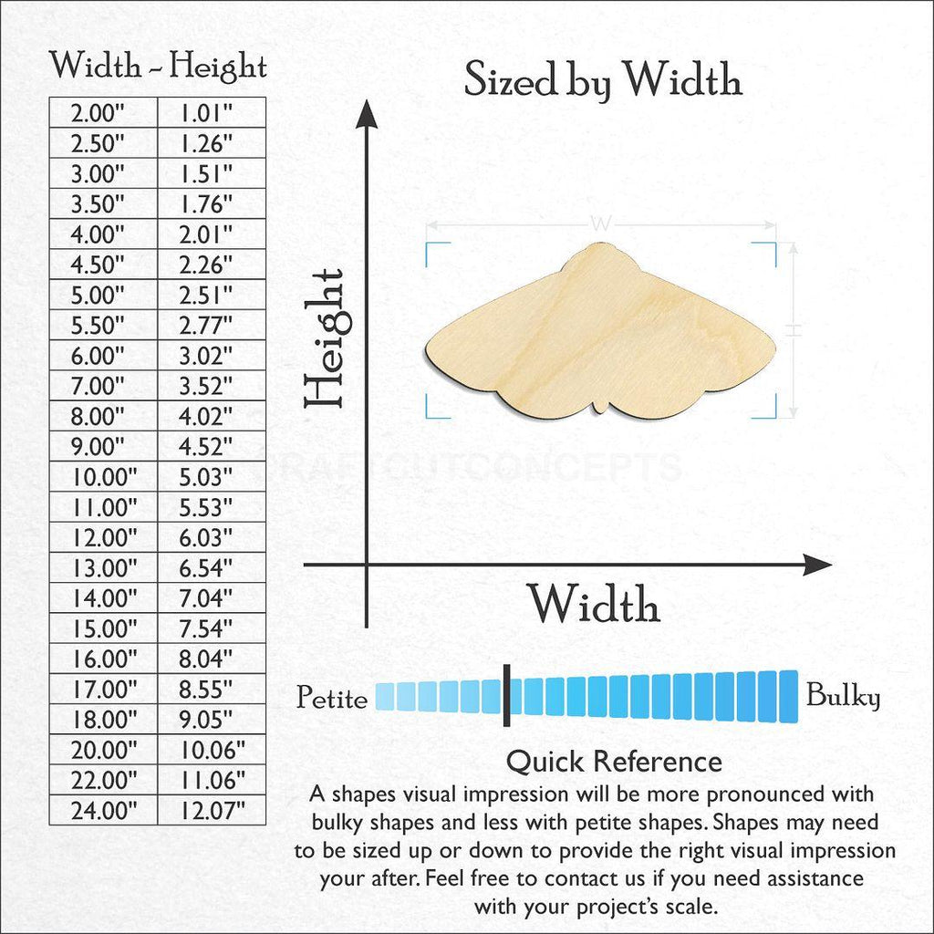 Sizes available for a laser cut Moth craft blank