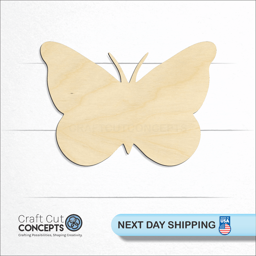 Craft Cut Concepts logo and next day shipping banner with an unfinished wood Butterfly craft shape and blank