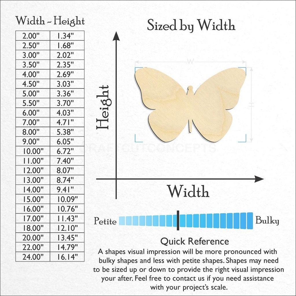 Sizes available for a laser cut Butterfly craft blank