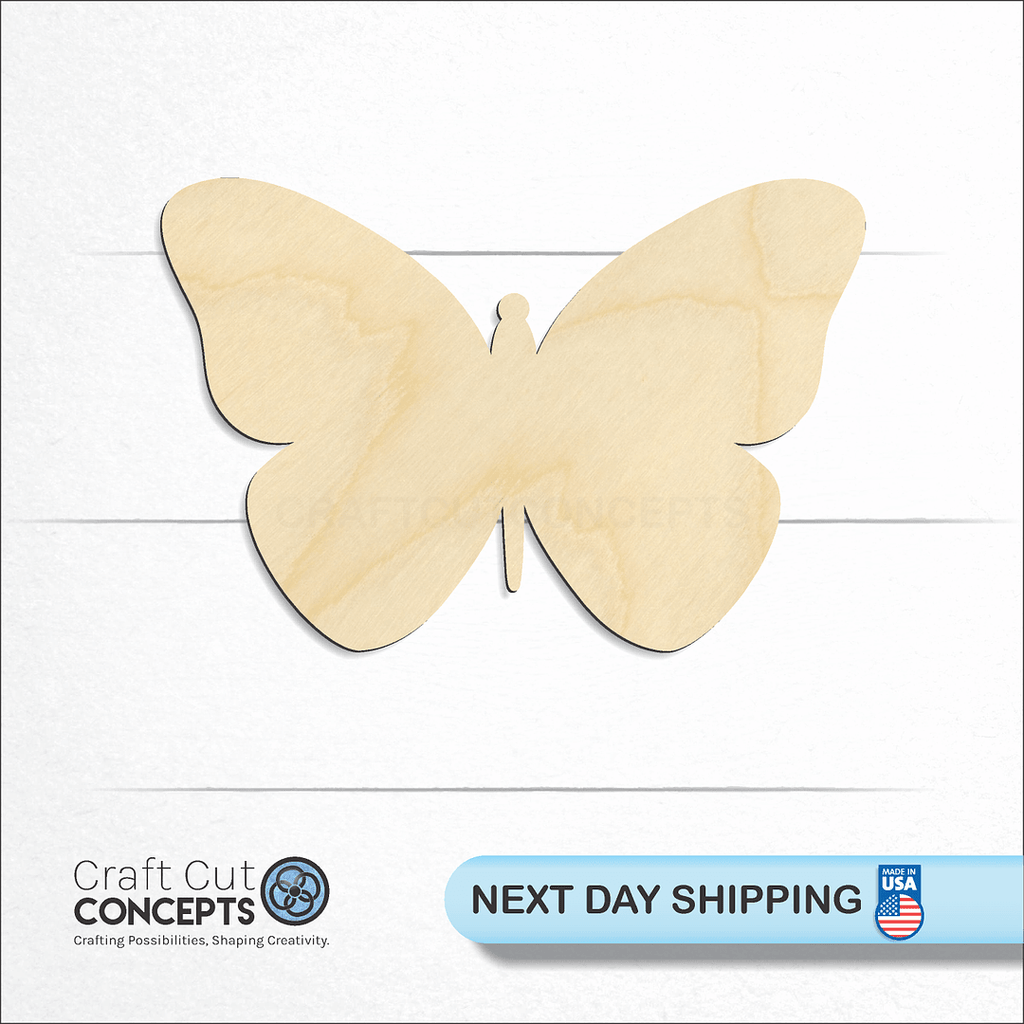 Craft Cut Concepts logo and next day shipping banner with an unfinished wood Butterfly craft shape and blank