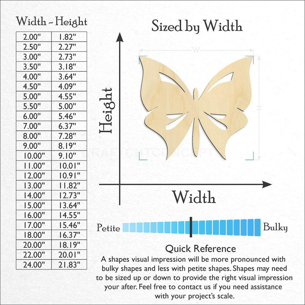 Sizes available for a laser cut Butterfly craft blank