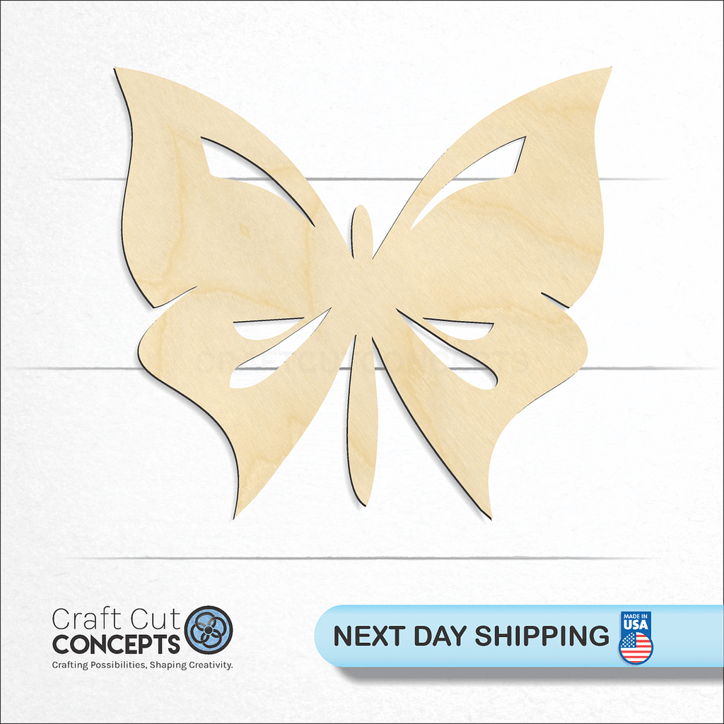 Craft Cut Concepts logo and next day shipping banner with an unfinished wood Butterfly craft shape and blank