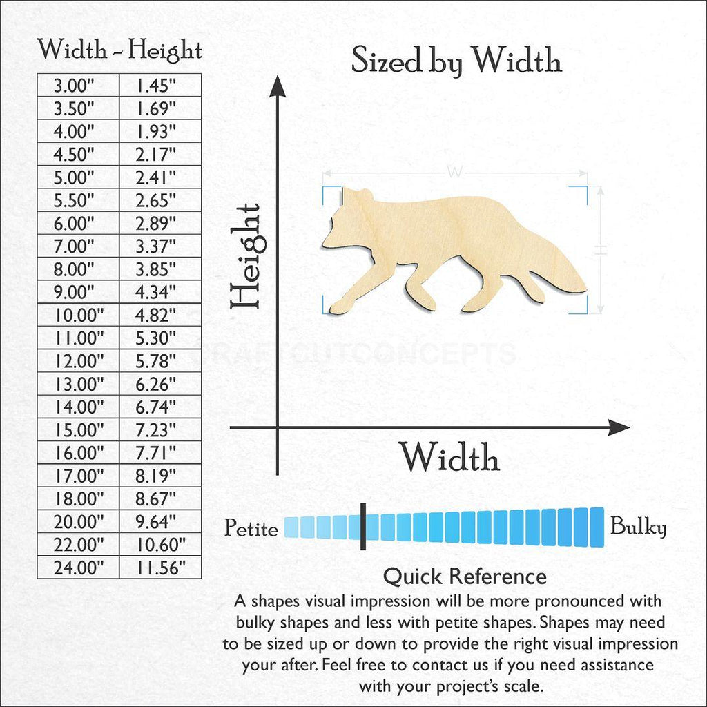 Sizes available for a laser cut Fox craft blank