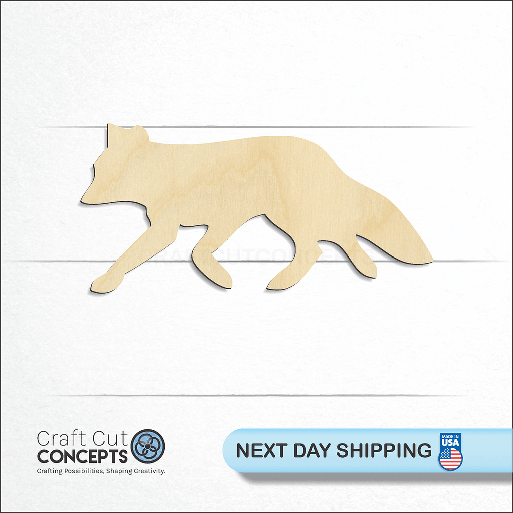 Craft Cut Concepts logo and next day shipping banner with an unfinished wood Fox craft shape and blank