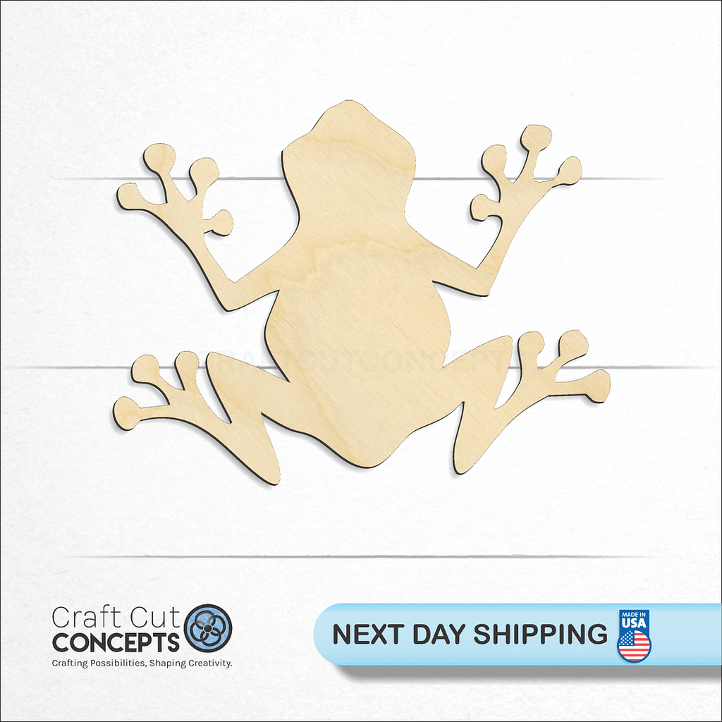 Craft Cut Concepts logo and next day shipping banner with an unfinished wood Tree Frog craft shape and blank