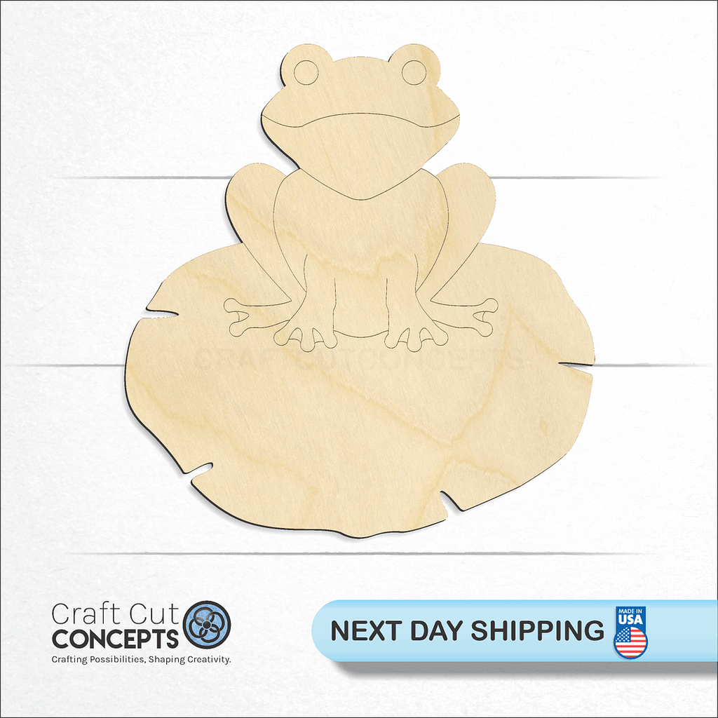 Craft Cut Concepts logo and next day shipping banner with an unfinished wood Frog on Lilly pad craft shape and blank