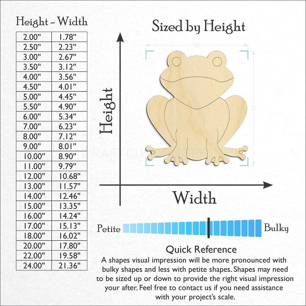 Sizes available for a laser cut Frog craft blank