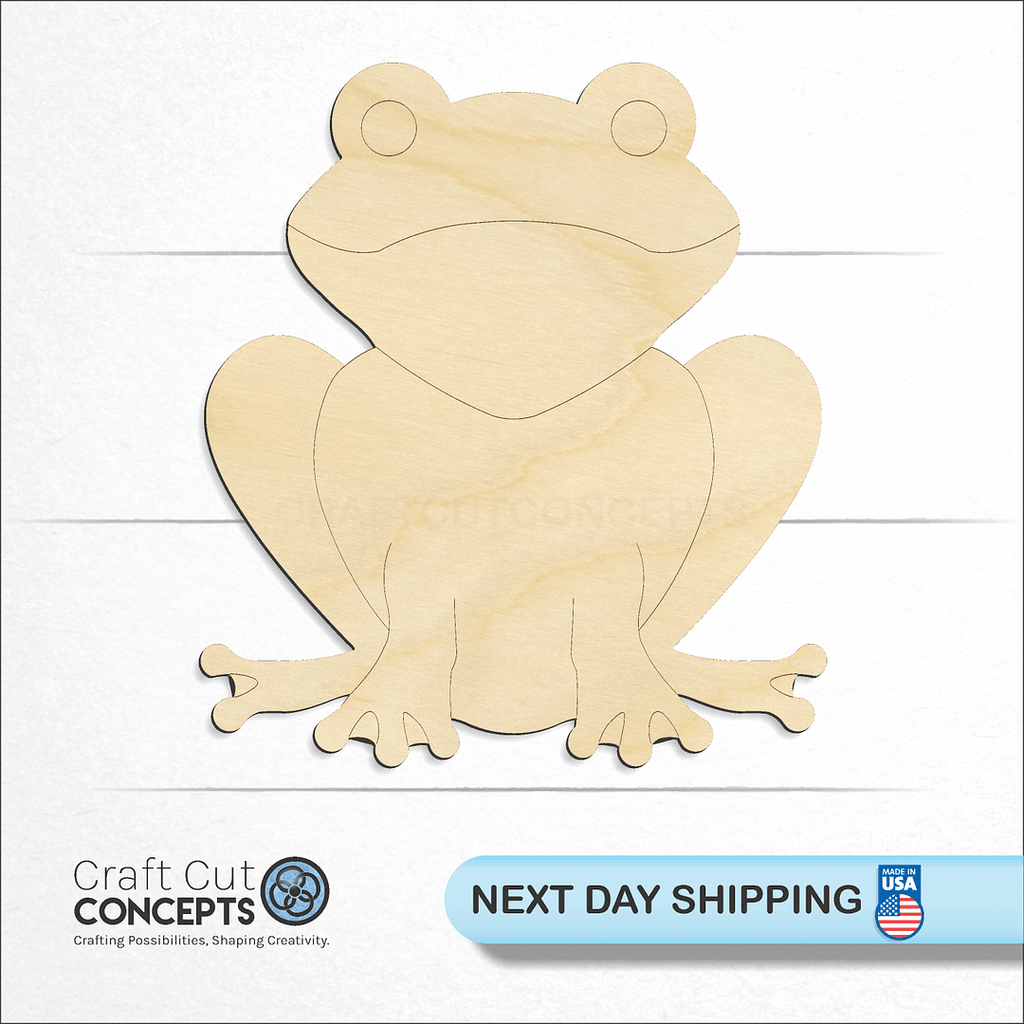 Craft Cut Concepts logo and next day shipping banner with an unfinished wood Frog craft shape and blank