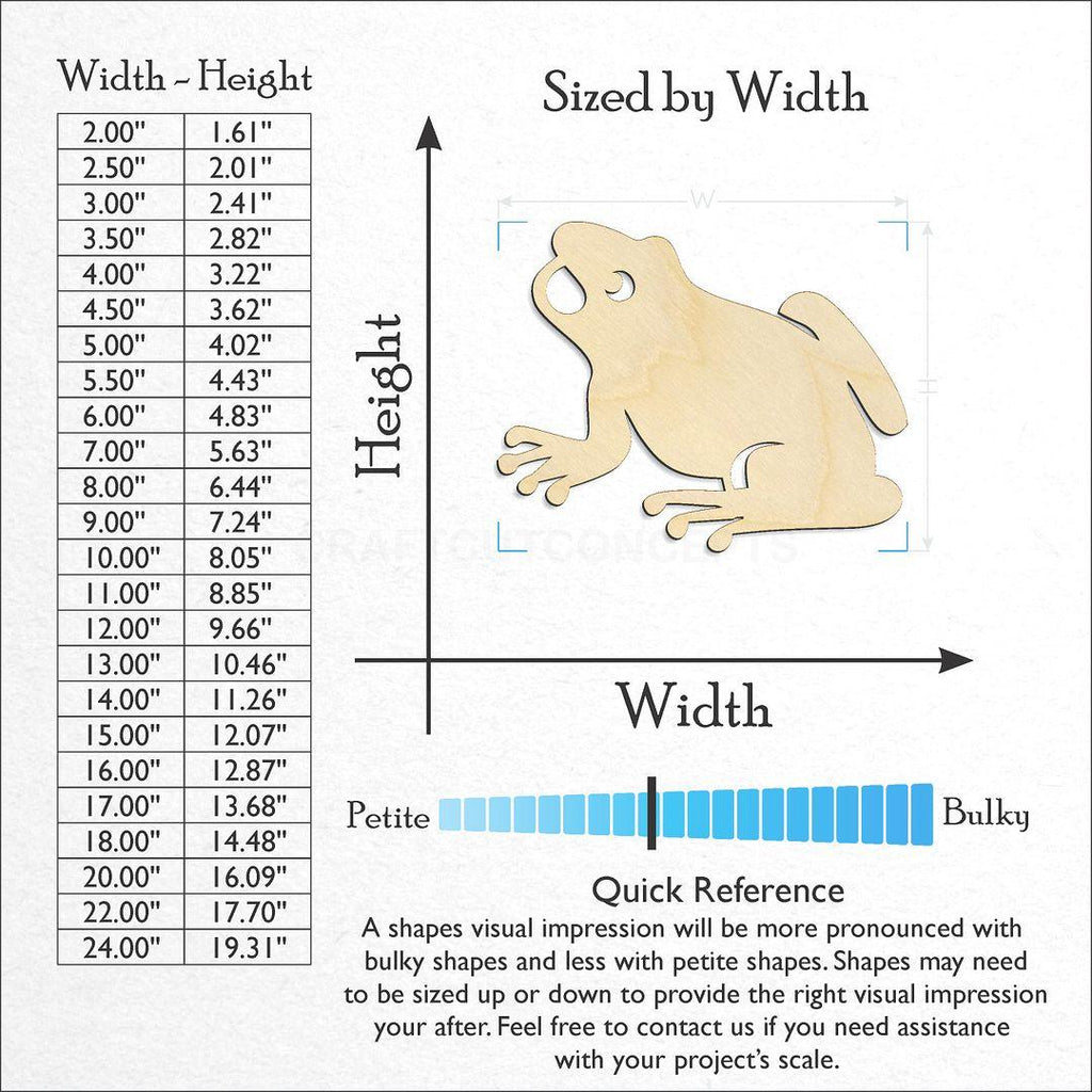 Sizes available for a laser cut Frog craft blank