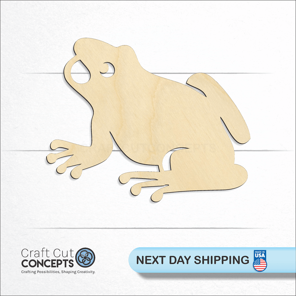 Craft Cut Concepts logo and next day shipping banner with an unfinished wood Frog craft shape and blank