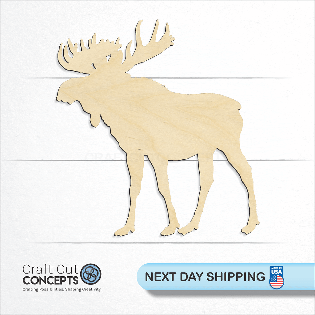 Craft Cut Concepts logo and next day shipping banner with an unfinished wood Moose-2 craft shape and blank